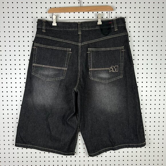Mecca Gothic Black Jean Shorts 38 Skater Wide Leg Baggy Patch SOUTHPOLE STYLE - Picture 1 of 7